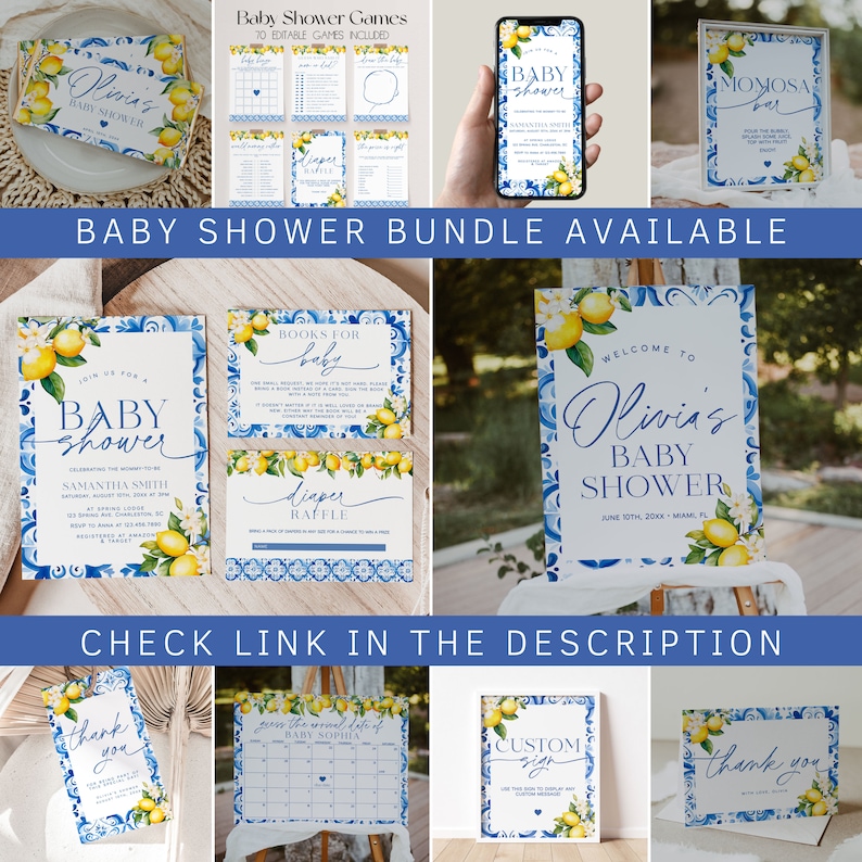 Puede incluir: Un conjunto de invitaciones y decoraciones imprimibles para un baby shower con un patr&oacute;n de azulejos azules y blancos con limones. El texto en las invitaciones dice "&Uacute;nete a nosotros para un Baby Shower" y "Bienvenido al Baby Shower de Olivia".