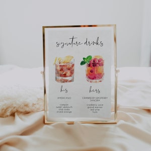 Signature Drinks Sign Template, Signature Cocktails Sign Printable, Minimalist His and Hers Bar Sign, Editable Bar Menu Sign | SARAH