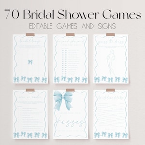 She&#39;s Tying The Knot Bridal Shower Games Bundle, Blue Bow Bridal Shower Games, Something Blue Shower Game, Editable Bridal Party Games |BLEU