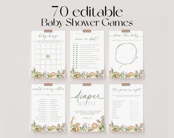 May include: A collection of seven baby shower game cards with safari animal illustrations. The cards include games like "Baby Bingo" and "Diaper Raffle," with the text "70 editable Baby Shower Games" at the top.