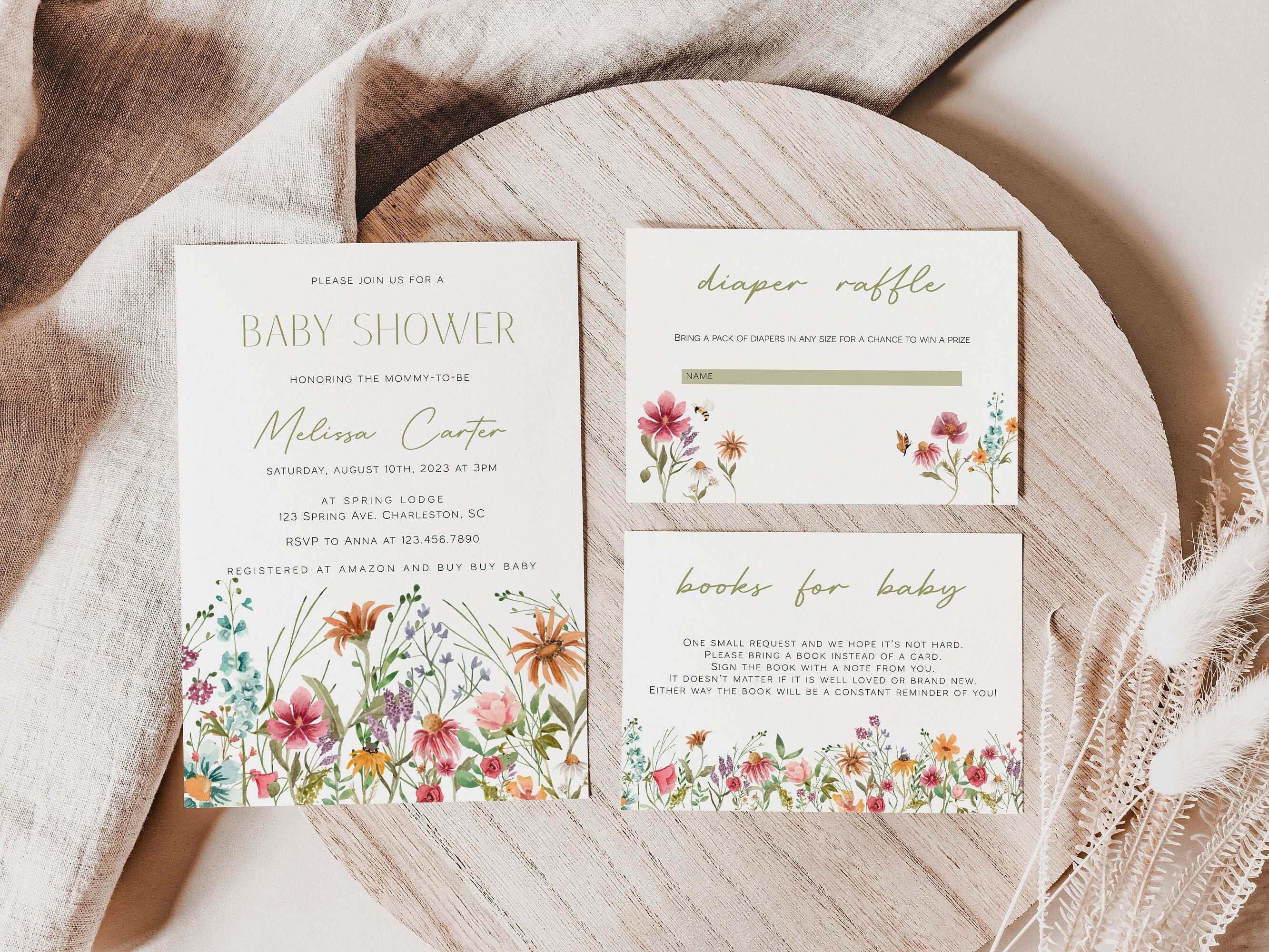 Wildflower Wedding Invitation Suite, Boho Wedding Invitation, Floral Invite Template, RSVP, Details Card, Printable Wedding Invite | FLORA