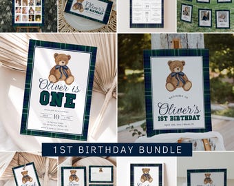May include: A collection of party supplies with a teddy bear theme. Includes invitations, signs, thank you cards, and a time capsule card. The designs feature a watercolor teddy bear with a blue bow and a plaid border. The text "Oliver is ONE" is displayed on the invitation.