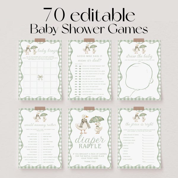 70 Baby Shower Games, Little Silly Goose Baby Shower Game Bundle, Gingham Goose Baby Party Games, Green Baby Games | APRIL