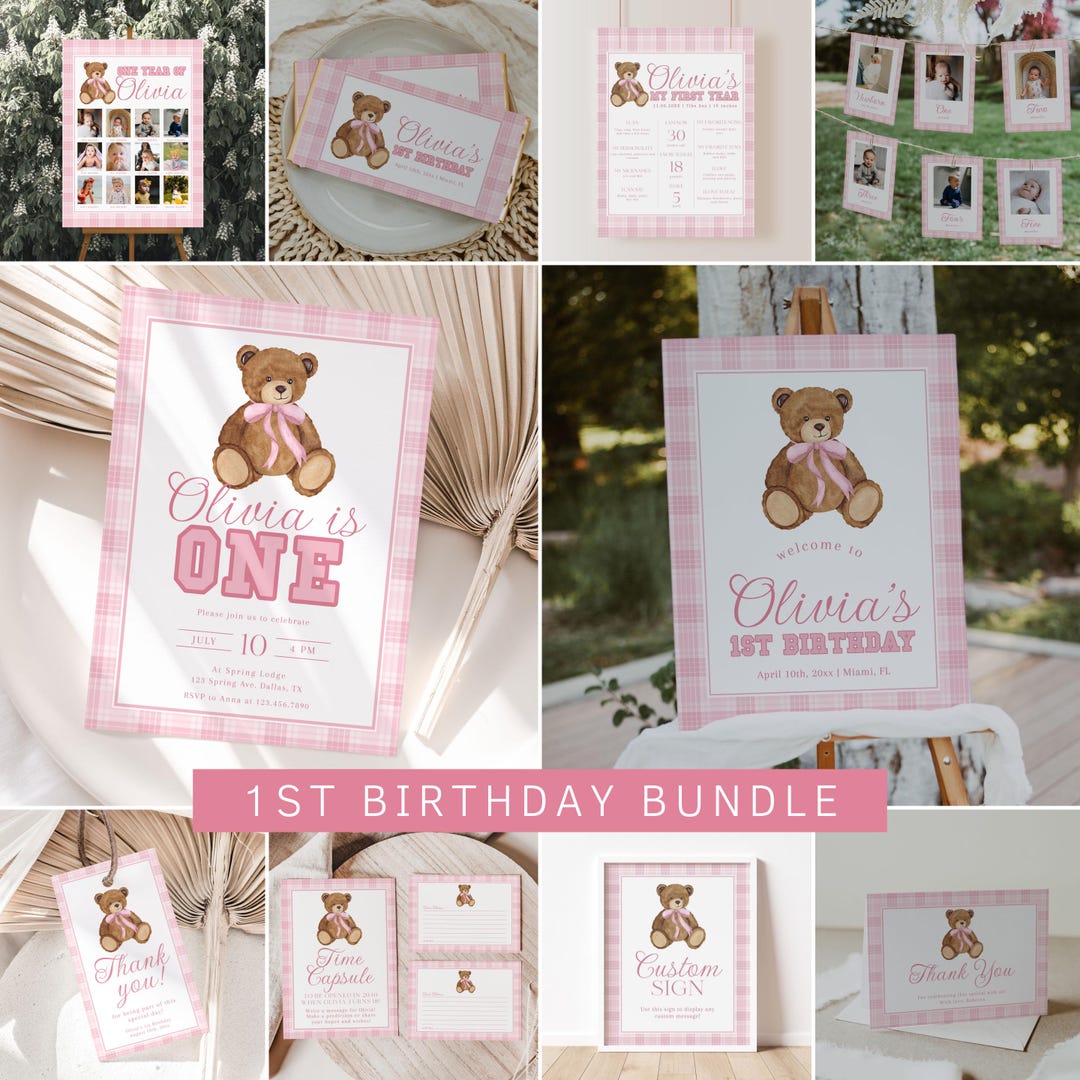 Pink Teddy Bear First Birthday Invitation Bundle, Vintage Beary 1st ...