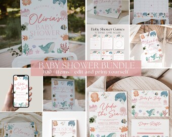 May include: A collection of baby shower stationery with an "Under the Sea" theme. Includes invitations, signs, games, and thank you cards. Designs feature illustrations of sea creatures like whales, octopuses, and turtles in pastel colors.