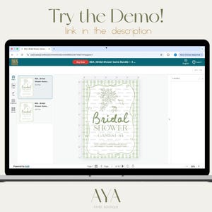 May include: A laptop displays a bridal shower game bundle. The screen shows a green and white gingham design with the words "Bridal Shower" and "Games". The text "Try the Demo! link in the description" is above the laptop.