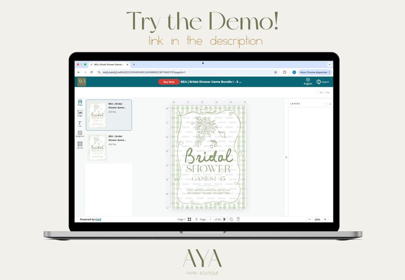 May include: A laptop displays a bridal shower game bundle. The screen shows a green and white gingham design with the words "Bridal Shower" and "Games". The text "Try the Demo! link in the description" is above the laptop.