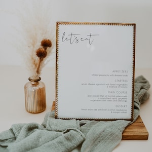Minimalistische Hochzeit Menü Zeichen Vorlage, bearbeitbares Menü Zeichen, Abendessen Menü Zeichen druckbar, Let&#39;s Eat Zeichen, Tisch Menü Zeichen | SARAH