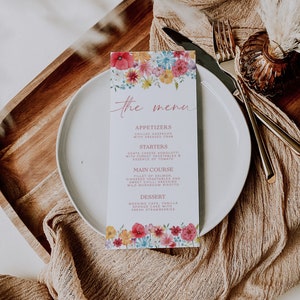Frühling Blumen Menü Vorlage, Frühling Hochzeit Menü, Wildblumen Menü Karte, druckbare Brautparty Menü, Sofortiger Download | SOFIA