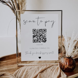 Szablon znaku kodu QR, znak skanowania do zapłaty, znak płatności CashApp, znak płatności PayPal, znak płatności dla małych firm, wydruk kodu QR | SARAH