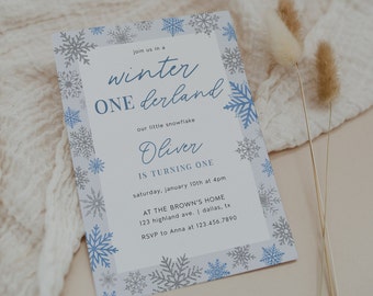 Plantilla de invitación de cumpleaños de Winter Onederland, invitación de 1er cumpleaños de Boy Winter Wonderland, primera fiesta de cumpleaños de copo de nieve azul / NIEVE