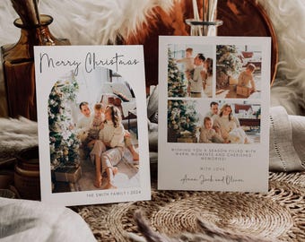 May include: Two white rectangular Christmas cards featuring family photographs. The left card has an arched photo frame with the text Merry Christmas and The Smith Family 2024. The right card displays three photos with the text Wishing you a season filled with warm moments and cherished memories! With love, Anna, Jack and Oliver.