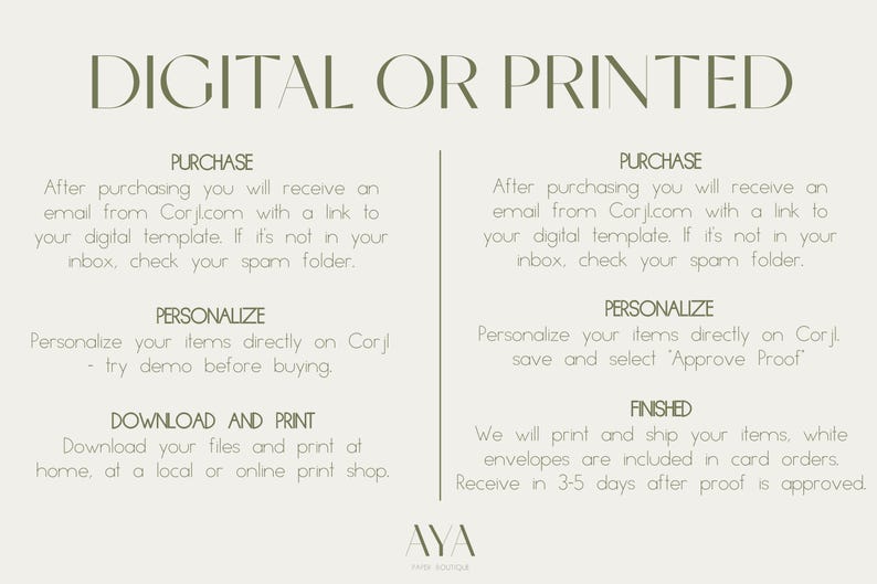 The image is a digital or printed advertisement for a service that allows users to personalize their items, download and print their files, and receive items in envelopes.