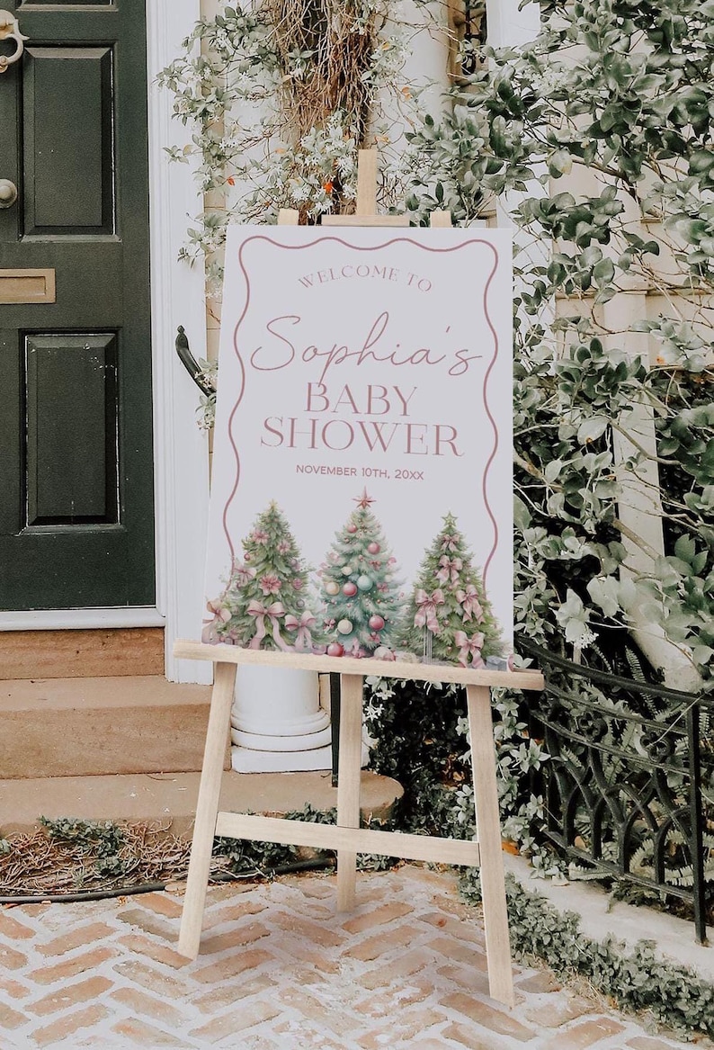 Pink Christmas Baby Shower Welcome Sign, Merry Little Baby Shower Welcome Poster, Winter Welcome Sign, Holiday Baby Shower Sign | BELLE image 1