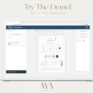 May include: A laptop screen displaying a website with a demo editor for creating bridesmaid cards. The card features a white background with black text and a pink, green, and dark green color palette. The text on the card reads "Sophie Bridesmaid".