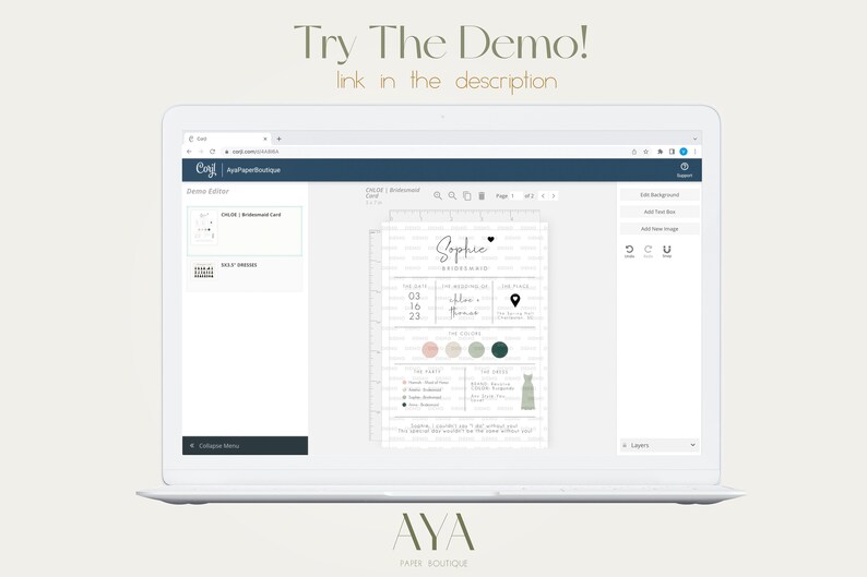 May include: A laptop screen displaying a website with a demo editor for creating bridesmaid cards. The card features a white background with black text and a pink, green, and dark green color palette. The text on the card reads "Sophie Bridesmaid".