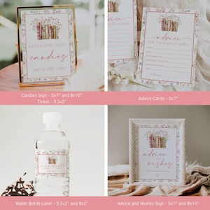 May include: A selection of wedding stationery, including signs, advice cards, and water bottle labels. The signs display text such as "Guess How Many Candies" and "Advice and Wishes." The designs incorporate floral and butterfly motifs with a soft colour palette.