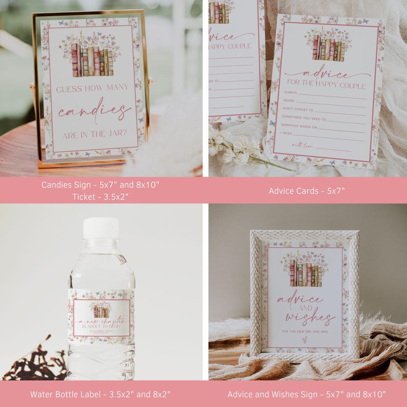 May include: A selection of wedding stationery, including signs, advice cards, and water bottle labels. The signs display text such as "Guess How Many Candies" and "Advice and Wishes." The designs incorporate floral and butterfly motifs with a soft colour palette.