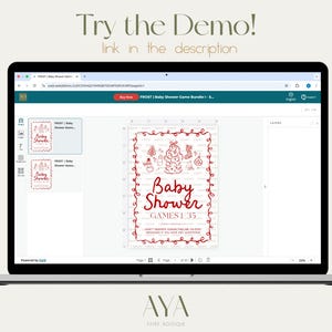 May include: A laptop screen shows a baby shower game bundle design. The design features red text and illustrations, including the words "Baby Shower" and "GAMES 1-35." The screen also shows the text "Try the Demo! link in the description."