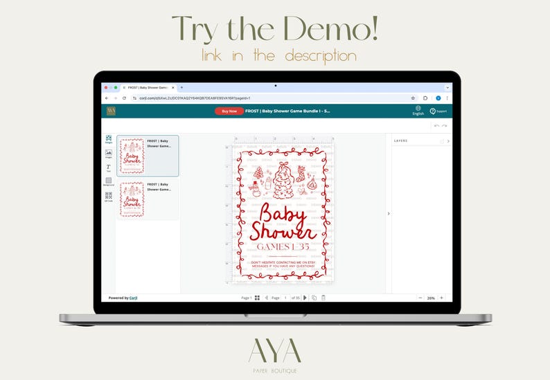 May include: A laptop screen shows a baby shower game bundle design. The design features red text and illustrations, including the words "Baby Shower" and "GAMES 1-35." The screen also shows the text "Try the Demo! link in the description."