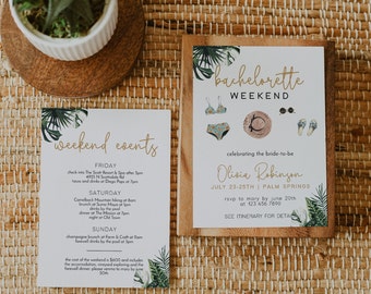 Plantilla de invitación para despedida de soltera tropical, itinerario en Palm Springs (descarga digital)
