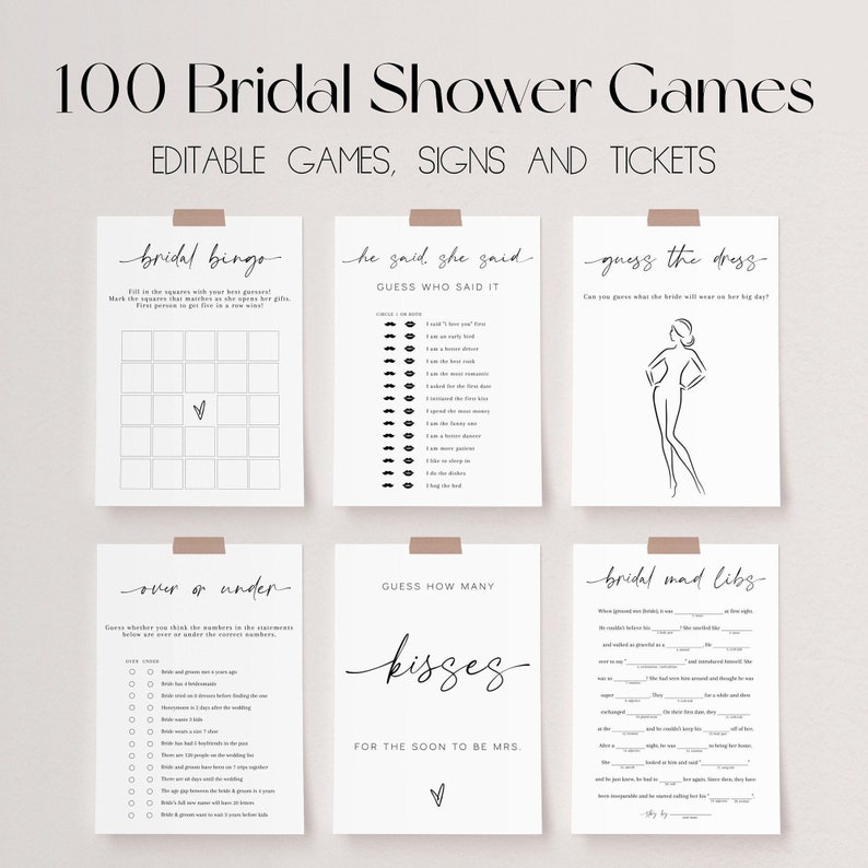 Bridal Shower Games, Minimalist Wedding Shower Games, Printable Bridal Shower Game Bundle, Editable Bridal Party Games, Hen Do Games | LAURA 画像 1
