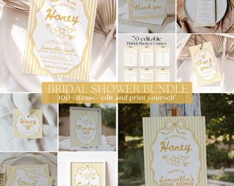 Op de afbeelding: Een verzameling gele en witte bruidsdouche-briefpapierartikelen. De bundel bevat uitnodigingen, bedankkaarten, menukaarten, spelletjes en borden. De tekst bevat "She found her Honey", "Mimosa Bar" en "Custom Sign".