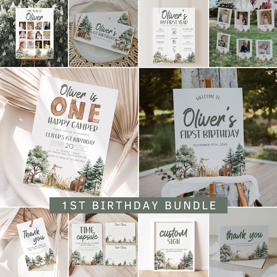 One Happy Camper First Birthday Invitation Bundle, Happy Camper 1st Birthday Invitation Template, Camping 1st Birthday Decorations | CAMP