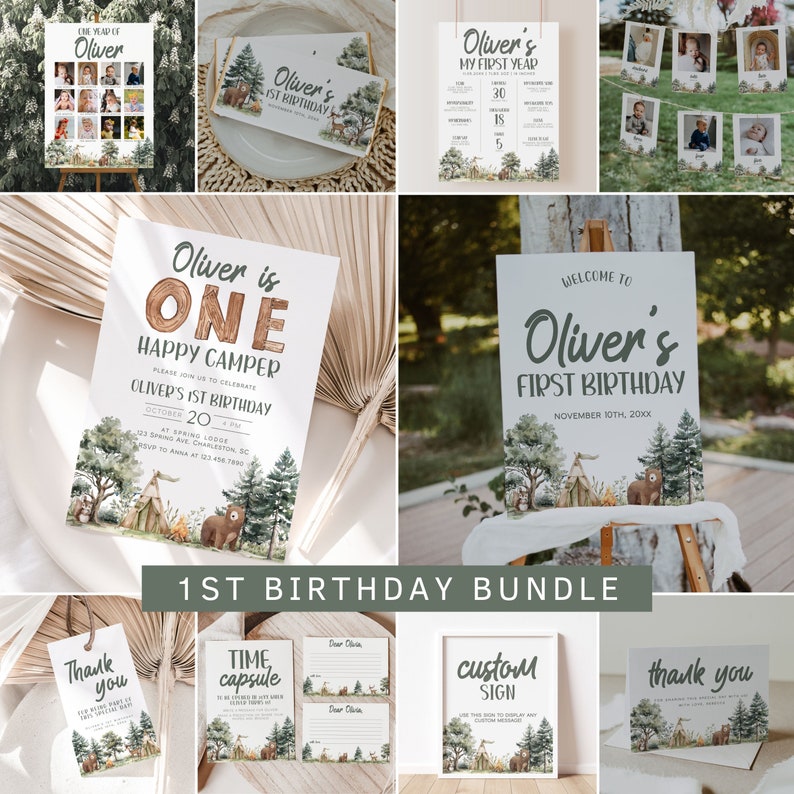 May include: A set of printable woodland-themed first birthday party decorations. The set includes a welcome sign, a photo collage, a time capsule, a thank you card, a custom sign, and an invitation. The decorations feature a brown bear, a teepee, and a campfire.