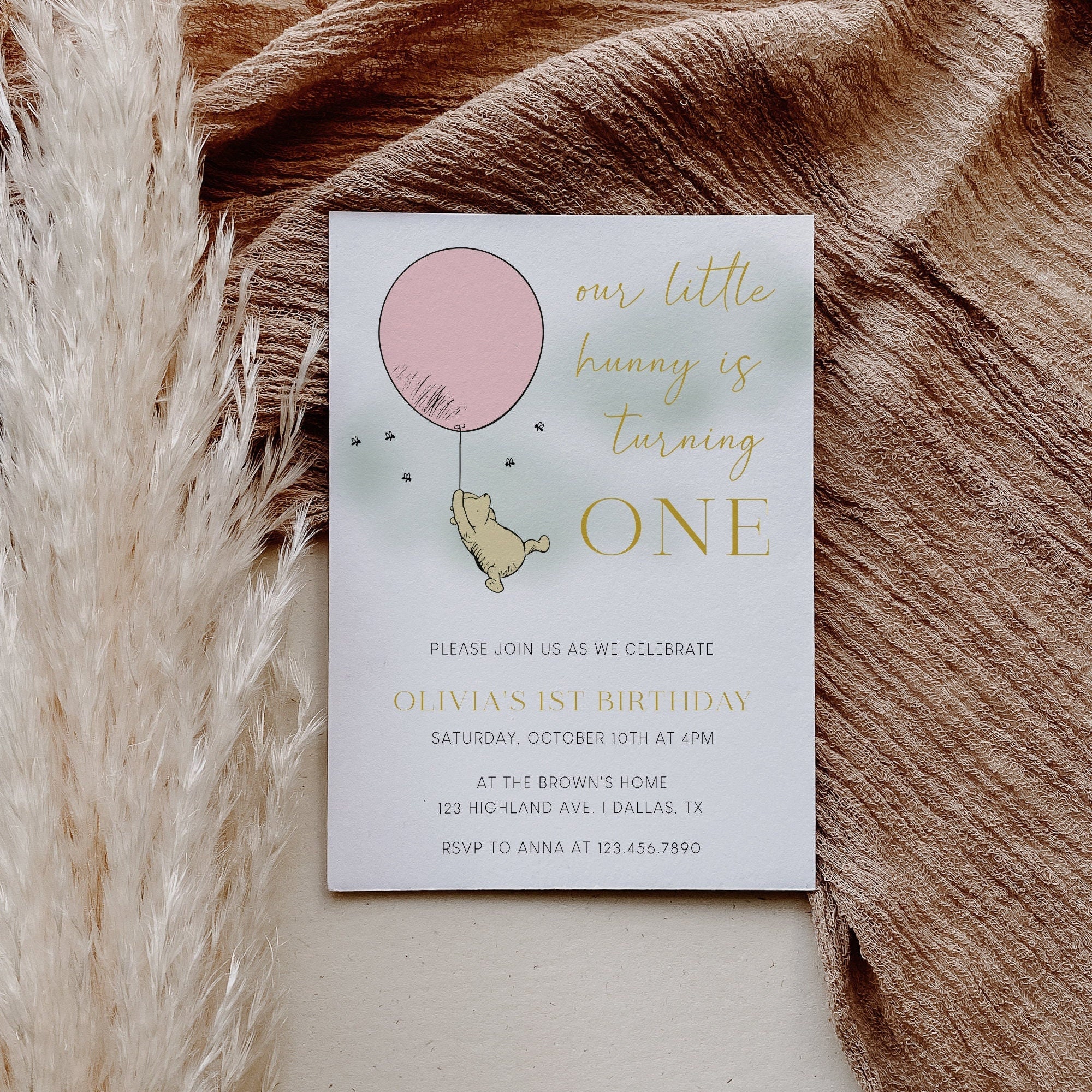 Winnie the Pooh 1st Birthday Invitation Template Girl Winnie the Pooh Birthday Invite Pooh First Birthday Pink Winnie the