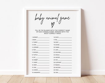 Baby Animal Game Template, Minimalist Baby Shower Games, Guess the Animal Baby Shower Game, Baby Shower Game Printable | GRACE