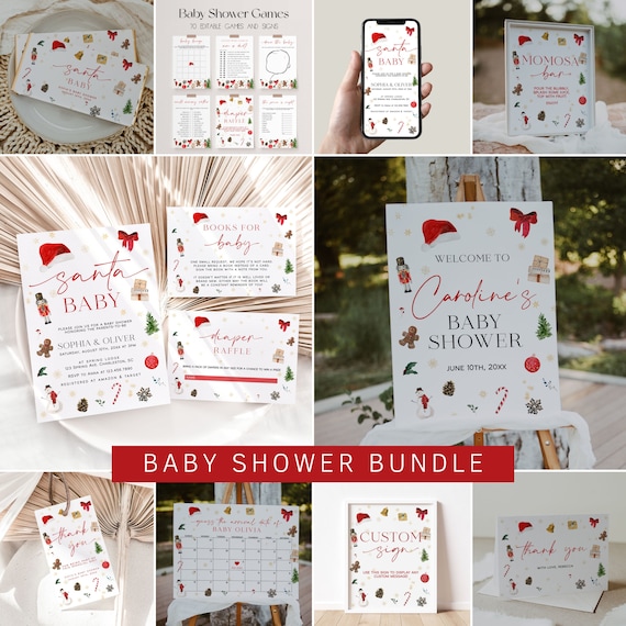 Santa Baby Shower Bundle Template, Winter Baby Shower Invitation Bundle, Christmas Baby Shower Decorations, December Baby Shower | SANTA