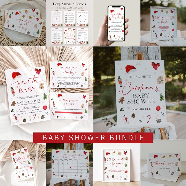Może przedstawiać: Zestaw papeterii na baby shower z motywem Świętego Mikołaja. Zawiera zaproszenia, gry i znaki. Projekty przedstawiają czapki Świętego Mikołaja, piernikowych ludzik&oacute;w i ozdoby świąteczne. Widoczny jest tekst "Santa Baby" i "Baby Shower Bundle".