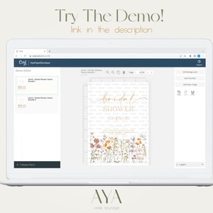 May include: A laptop displays a bridal shower game design with floral accents. The words "Try The Demo!" and "link in the description" are at the top. The design features the word "bridal" in gold script and the word "SHOWER" in a bold font.