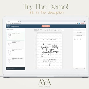 May include: Screenshot of a laptop screen showing a website with a photo guestbook template. The template is white with black text that says "Please sign our photo guestbook. Snap it, shake it, stick it, sign it." There is a small camera icon next to the word "photo".