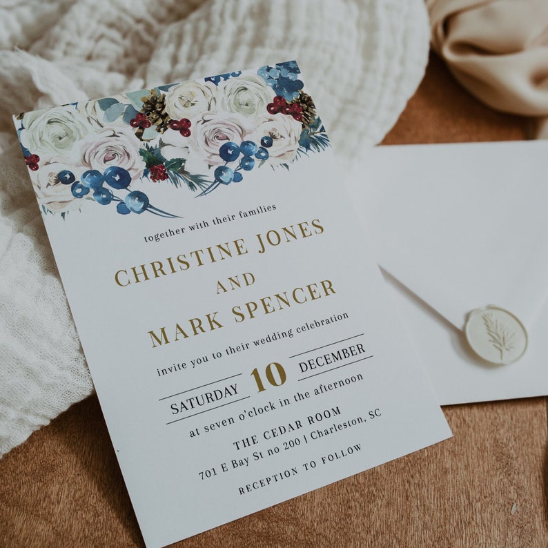 Christmas Wedding Invitation Set, Holiday Wedding Invitation Template, Winter Berry Wedding Invite, Rustic Wedding Invitation NOELE image 5