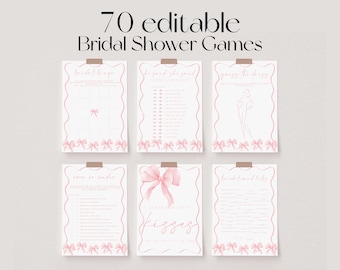 May include: Seven printable bridal shower game templates. Each game card is white with a pink border and bow accents. The text "70 editable Bridal Shower Games" is at the top. The games include "Bridal Bingo" and "Guess the Dress".