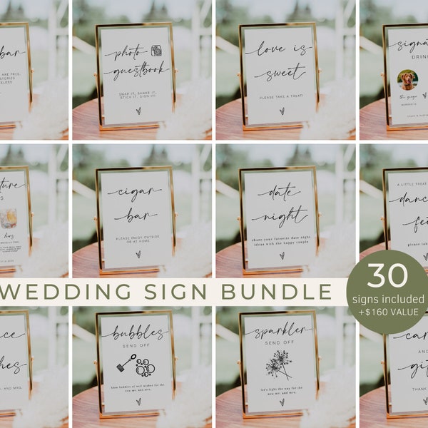 Wedding Signs Bundle, 30 Modern Wedding Signs Template, Minimalist Wedding Bundle, Reception Sign Bundle, Instant Download | LAURA