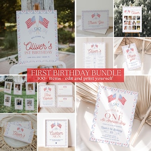 May include: A collection of printable first birthday party decorations with an American flag theme. Includes invitations, welcome signs, thank you cards, and photo displays. The text reads "Oliver's 1st Birthday" and "All American Boy".