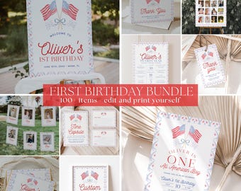 Paquete de invitaciones de primer cumpleaños para el 4 de julio, plantilla de invitación de primer cumpleaños totalmente estadounidense, decoración de cumpleaños patriótica, rojo, blanco y azul / EE. UU.