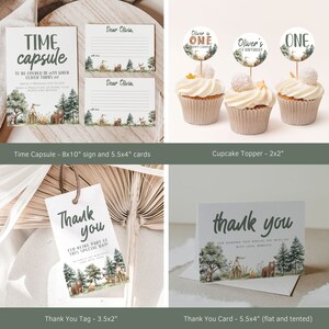 May include: A set of printable party decorations for a woodland-themed first birthday party. The set includes a time capsule sign, two invitation cards, three cupcake toppers, a thank you tag, and a thank you card. The decorations feature a woodland scene with a tent, campfire, animals, and trees.