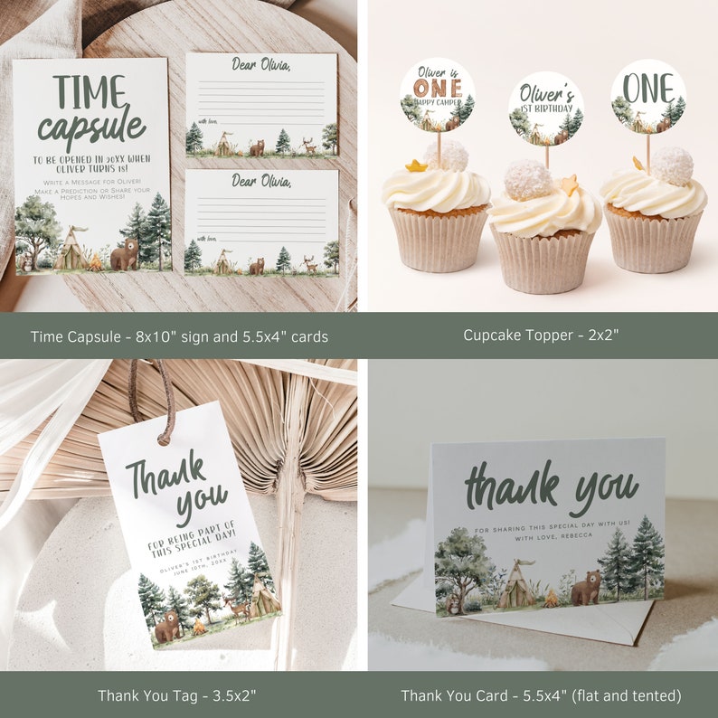 May include: A set of printable party decorations for a woodland-themed first birthday party. The set includes a time capsule sign, two invitation cards, three cupcake toppers, a thank you tag, and a thank you card. The decorations feature a woodland scene with a tent, campfire, animals, and trees.
