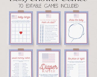 70 Baby Shower Games, All American Baby Shower Game Bundle, 4th of July Baby Shower Bundle, Baby Party Games, Patriotic Baby Games | JULY