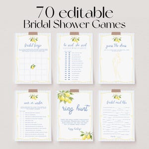 May include: Seven printable bridal shower games with lemon and floral accents. Each game is on a white background with a yellow border and a decorative lemon and leaf design. The text "70 editable Bridal Shower Games" is at the top.
