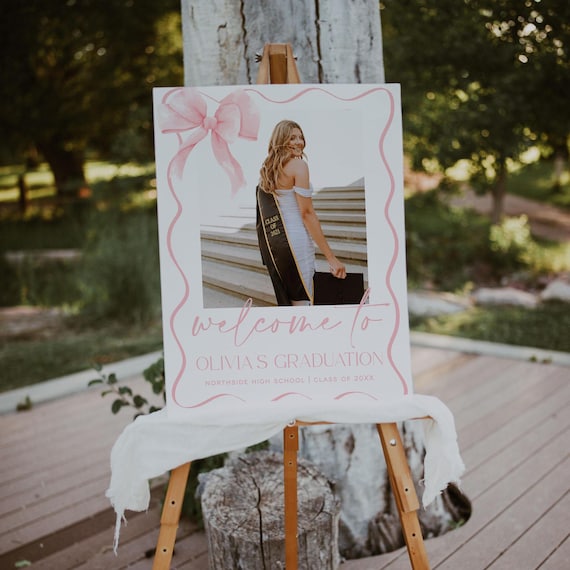 Coquette Graduation Welcome Sign Template, Pink Bow Graduation Sign, Photo Graduation Poster, College Graduation Party | BOW