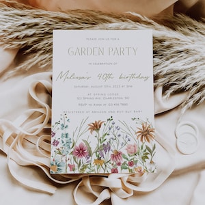 Garden Party Invitation Template, Wildflower Birthday Party Invitation, Wildflower Garden Birthday, Girl Birthday, Editable Template FLORA image 1