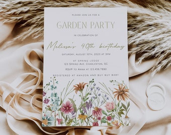 Garden Party Invitation Template, Wildflower Birthday Party Invitation, Wildflower Garden Birthday, Girl Birthday, Editable Template | FLORA