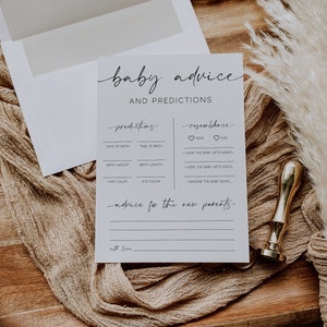 Babyvoorspellingen en advieskaartsjabloon, minimalistisch babyshowerspel, voorspellings- en advieskaarten, babyvoorspellingskaarten | ELEGANTIE