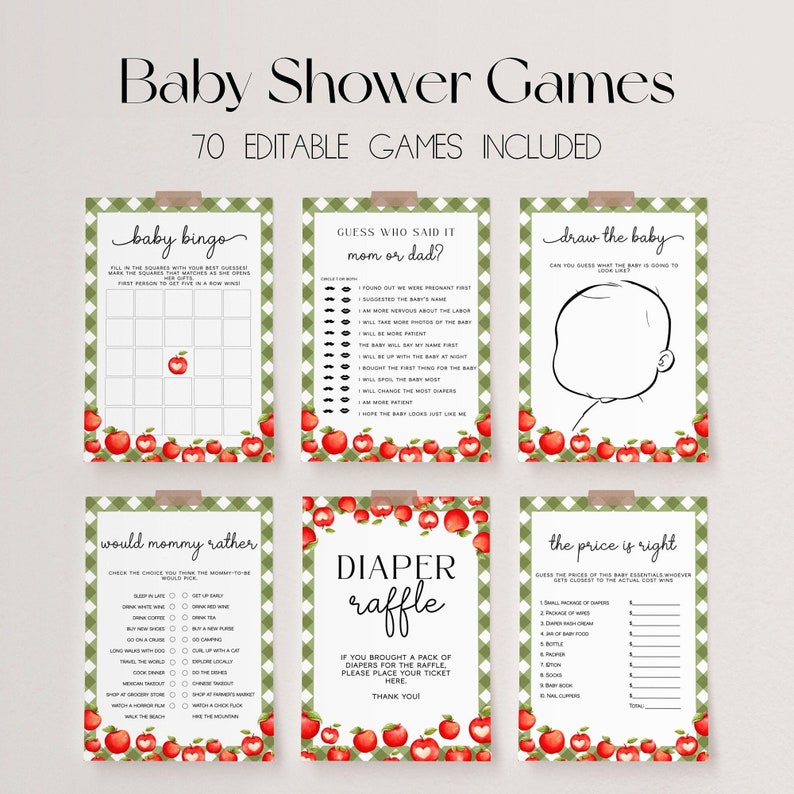 May include: A set of printable baby shower game cards with a green and white gingham pattern and red apple illustrations. The games include "Baby Bingo", "Guess Who Said It Mom or Dad?", "Draw the Baby", "Would Mommy Rather", "Diaper Raffle", and "The Price is Right".