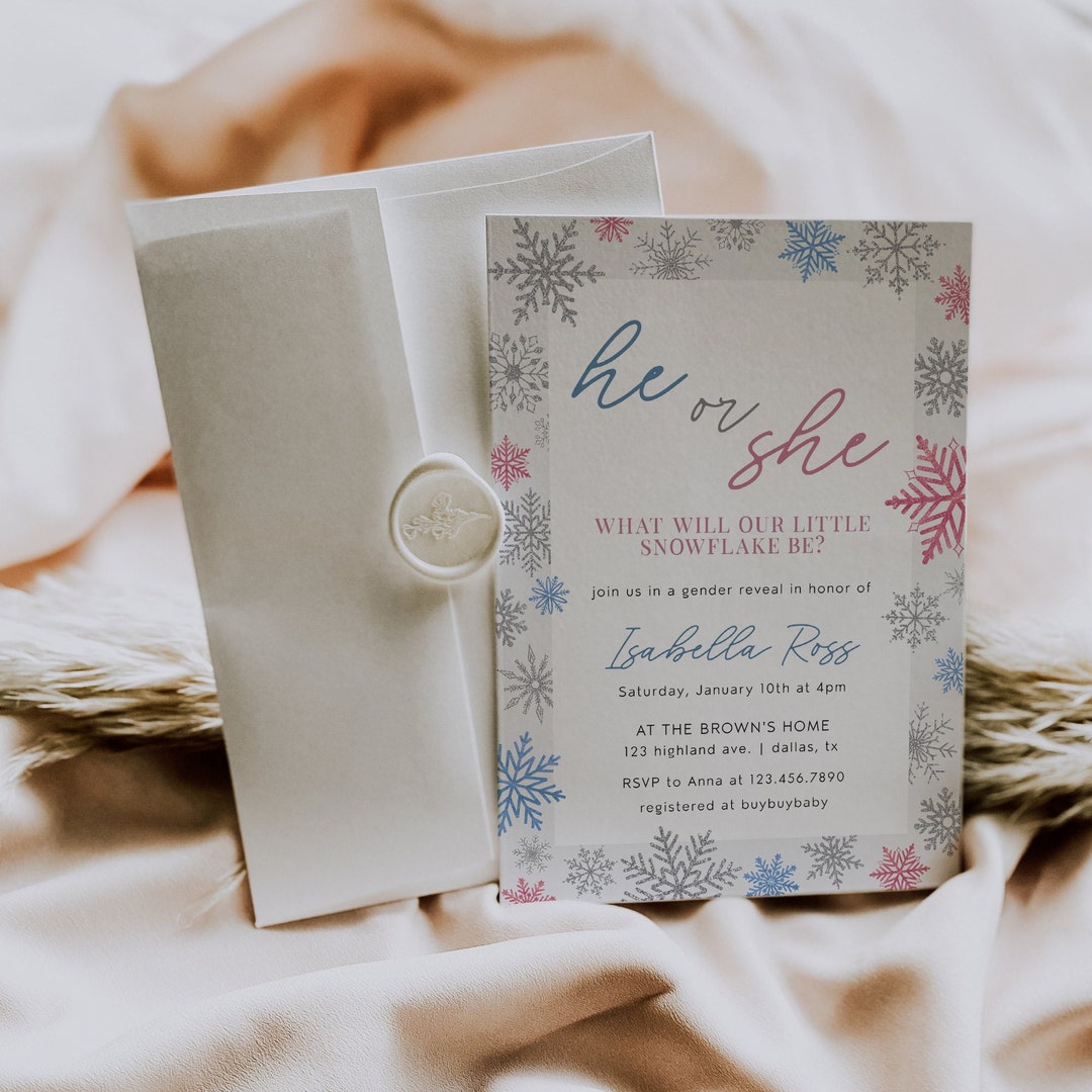 Winter Gender Reveal Invitation Template Snowflake Gender Etsy